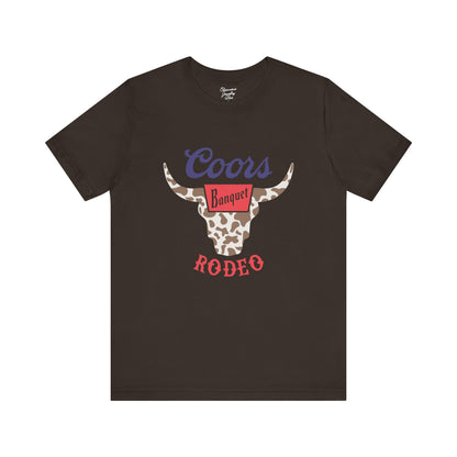 Rodeo Coors Cow Skull with Cow Print- Unisex Jersey Short Sleeve Tee