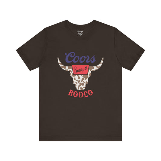 Rodeo Coors Cow Skull with Cow Print- Unisex Jersey Short Sleeve Tee