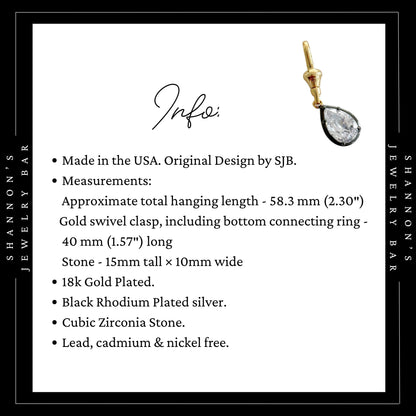 Two Tone Pear CZ Pendant Charm with Gold Clasp, Black Rhodium Silver Crystal Drop, Detachable Necklace Charm, Georgian Style Jewelry