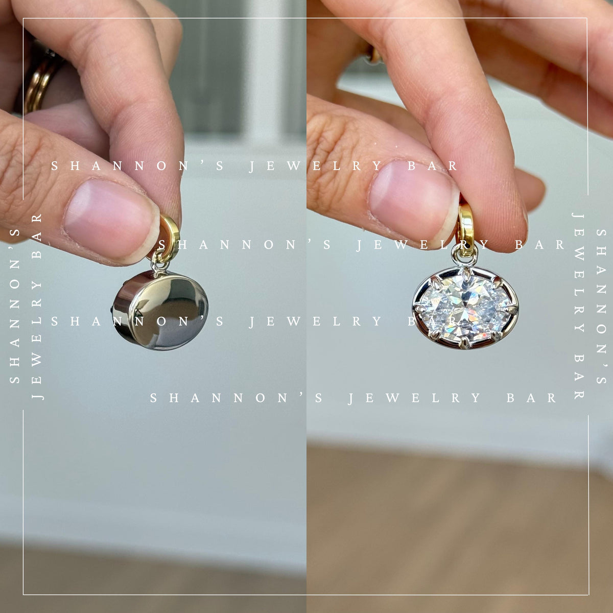East West Brilliant Oval Pendant Charm, Mixed Metal Necklace Charm, Georgian Style Pendant, Bezel Set 8 Prong Solitaire