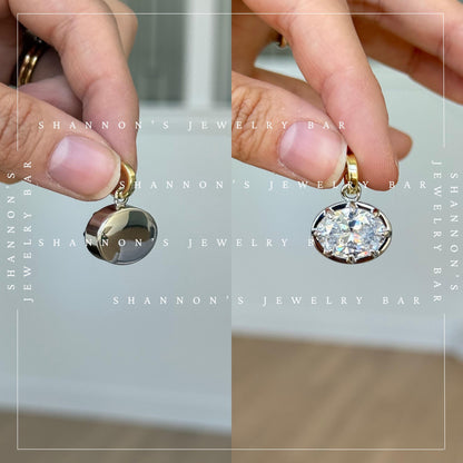 East West Brilliant Oval Pendant Charm, Mixed Metal Necklace Charm, Georgian Style Pendant, Bezel Set 8 Prong Solitaire