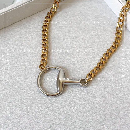 Mixed Metal Horsebit Necklace, Gold Cuban Link Chain Necklace, Silver Horsebit Statement Necklace, Waterproof Stainless Steel Jewelry