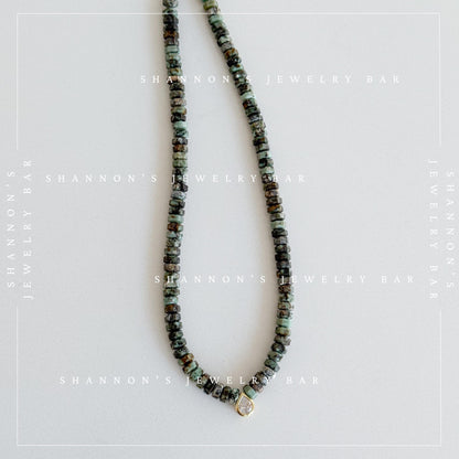 African Turquoise Jasper Necklace, Green Heishi Beads, CZ Teardrop Pendant, 18 Inch Handmade Gemstone Jewelry