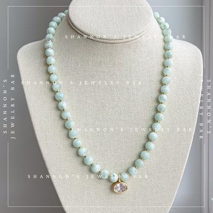 Green Moonstone Beaded Necklace, Genuine Green Moonstone Necklace, Oval CZ Pendant Necklace, Handmade Gemstone Necklace, Gold Beaded Jewelry