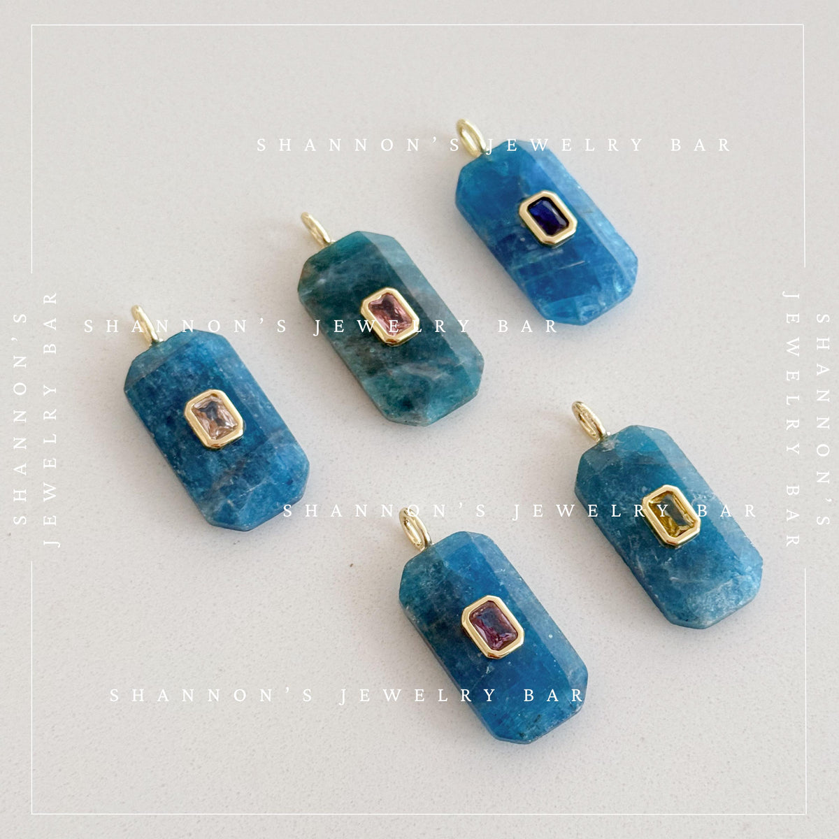 Natural Apatite Pendant, Blue Faceted Gemstone Charm with Gold CZ Detail, Rectangle Necklace Focal, Jewelry Making Supply