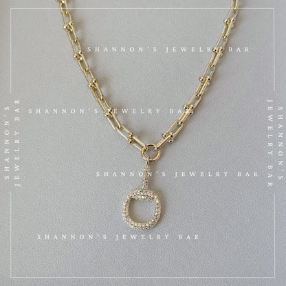 14k Gold Plated Industrial Chain Horsebit Necklace, CZ Pave Pendant Necklace, Chunky Gold Hardware Link Chain Necklace, Equestrian Jewelry,