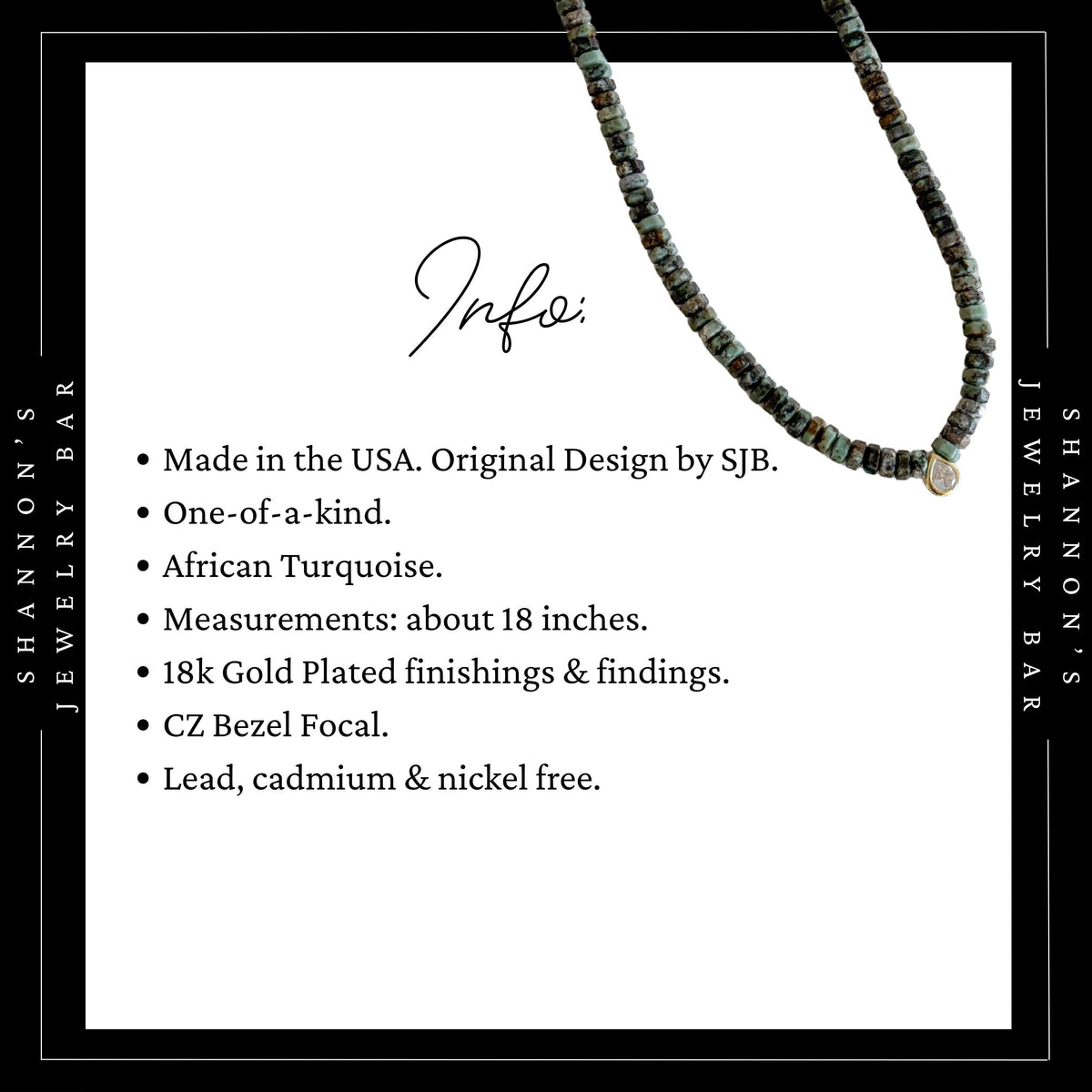 African Turquoise Jasper Necklace, Green Heishi Beads, CZ Teardrop Pendant, 18 Inch Handmade Gemstone Jewelry