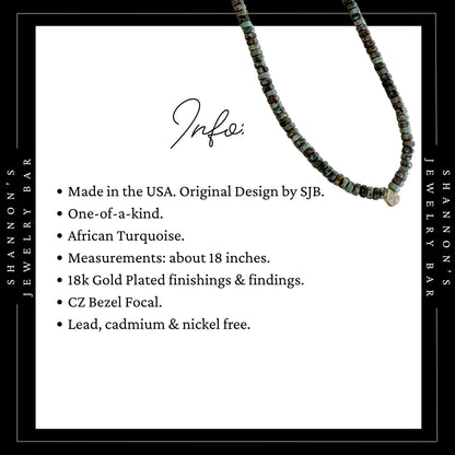 African Turquoise Jasper Necklace, Green Heishi Beads, CZ Teardrop Pendant, 18 Inch Handmade Gemstone Jewelry