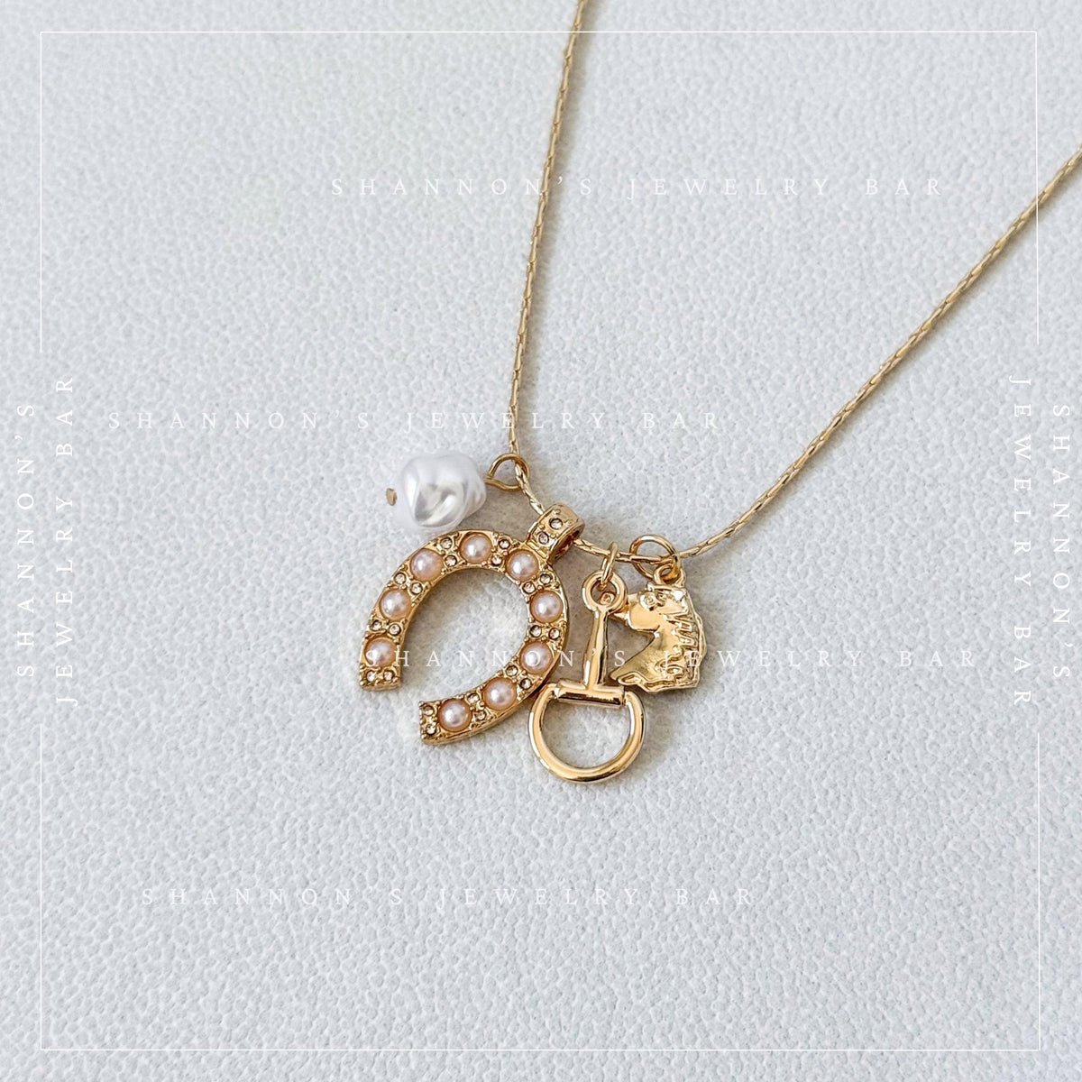 Western Charm Necklace, Gold Horseshoe Necklace, Horse Charm Necklace, Coastal Cowgirl Jewelry Equestrian Necklace, Pearl Charm Necklace