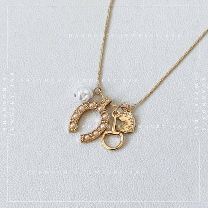 Western Charm Necklace, Gold Horseshoe Necklace, Horse Charm Necklace, Coastal Cowgirl Jewelry Equestrian Necklace, Pearl Charm Necklace