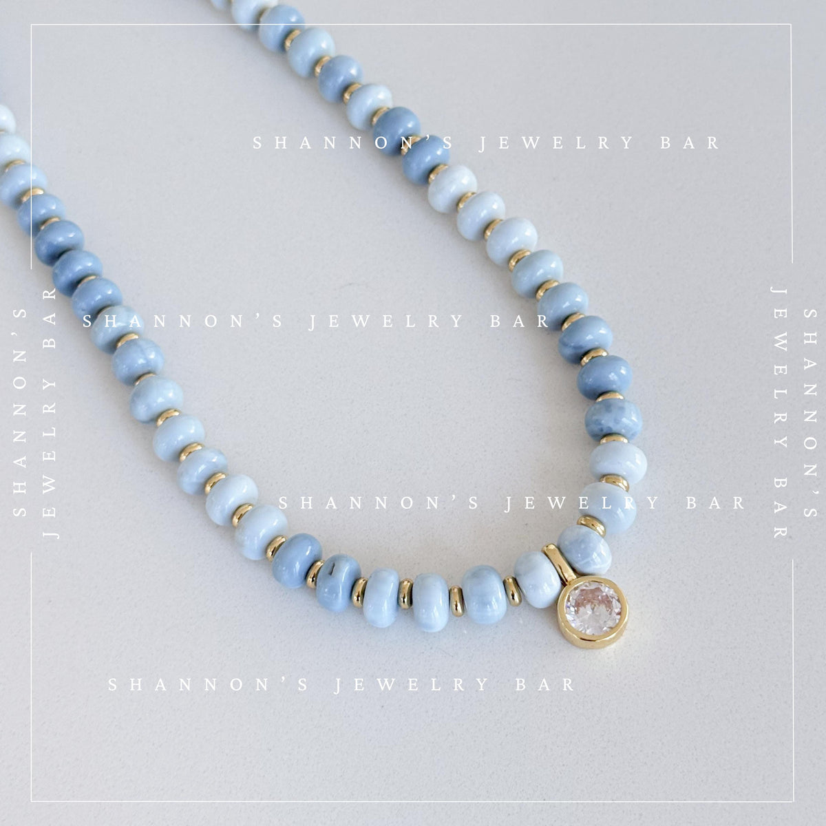 Blue Opal Necklace, Genuine Opal Beaded Necklace, Blue Gemstone Necklace, Gold CZ Pendant Necklace, Handmade Beaded Jewelry