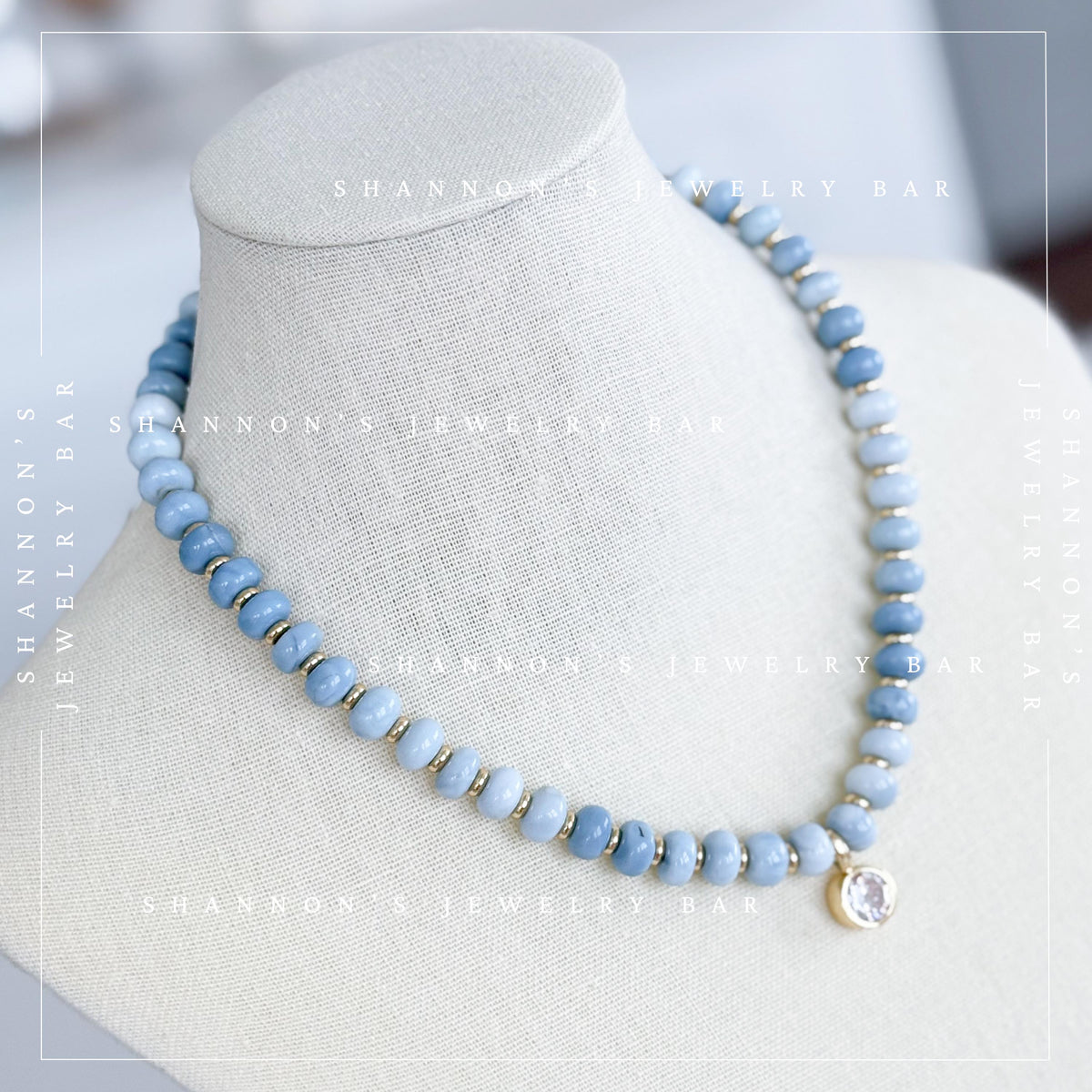 Blue Opal Necklace, Genuine Opal Beaded Necklace, Blue Gemstone Necklace, Gold CZ Pendant Necklace, Handmade Beaded Jewelry