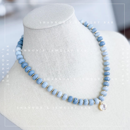 Blue Opal Necklace, Genuine Opal Beaded Necklace, Blue Gemstone Necklace, Gold CZ Pendant Necklace, Handmade Beaded Jewelry
