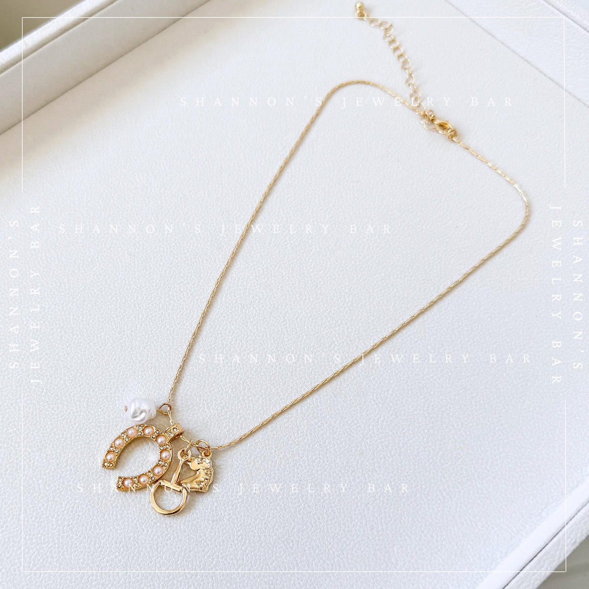 Western Charm Necklace, Gold Horseshoe Necklace, Horse Charm Necklace, Coastal Cowgirl Jewelry Equestrian Necklace, Pearl Charm Necklace