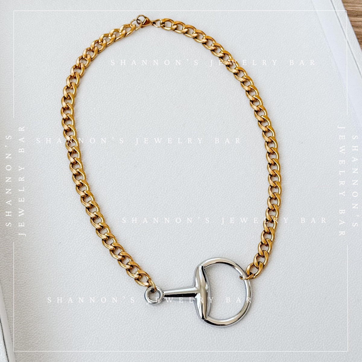 Mixed Metal Horsebit Necklace, Gold Cuban Link Chain Necklace, Silver Horsebit Statement Necklace, Waterproof Stainless Steel Jewelry