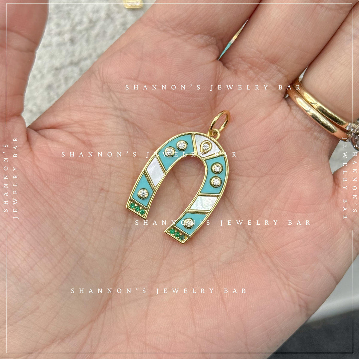 Turquoise Horseshoe Charm, Lucky Horseshoe Pendant, Western Charm Pendant, Horse Lover Jewelry, Mother of Pearl Horseshoe Charm
