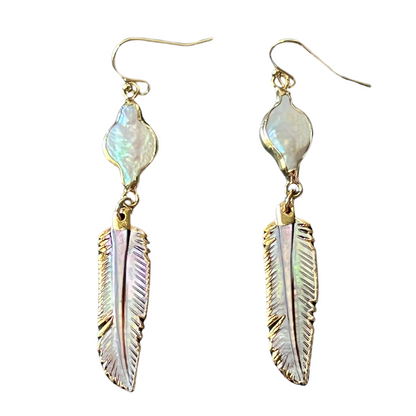 Freshwater Pearl and Shell Feather Earrings - Handmade - 18K Gold Plated, Real Freshwater Pearls, One of a Kind, Custom Jewelry, Boho