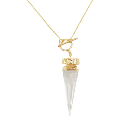 Natural Crystal Quartz Pendant Necklace - Handmade, 18K Gold Plated, Healing Crystal Necklace, Master Healer Necklace, Cylindrical Triangle