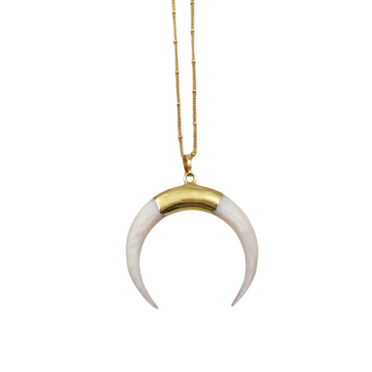 Mother of Pearl Crescent Moon Necklace - Handmade, 18K Gold Plated, Natural Stone, Large Double Horn Pendant Necklace