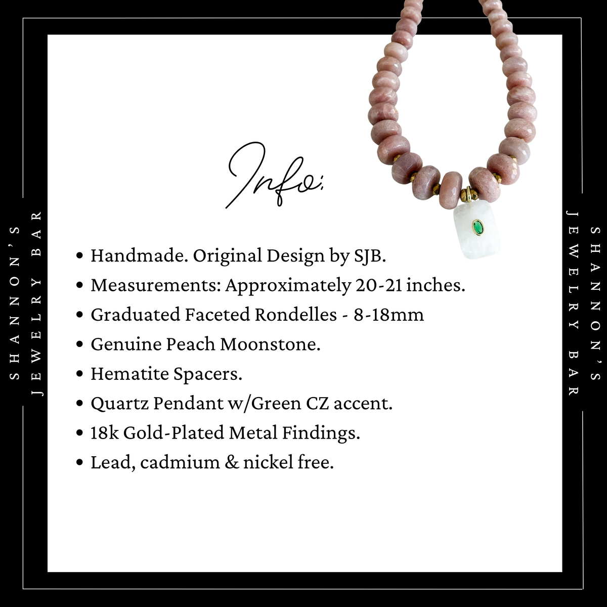 A product information card for a handmade peach moonstone beaded necklace with a white quartz pendant and green CZ accent, featuring product specifications and a small product photo on a white background with black borders.