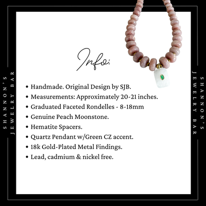 A product information card for a handmade peach moonstone beaded necklace with a white quartz pendant and green CZ accent, featuring product specifications and a small product photo on a white background with black borders.