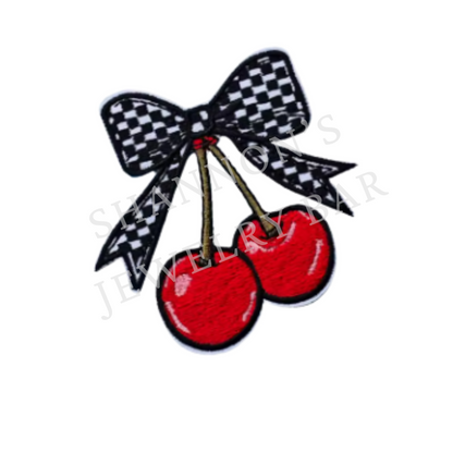 Checker Bow Cherries Embroidered Patch | Retro Rockabilly Iron-On
