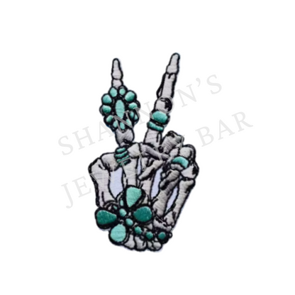 Turquoise Skeleton Peace Hand Patch | Western Rock Embroidered Iron-On