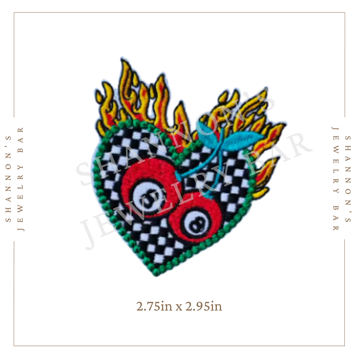 Flaming Checkered Heart Patch | Rockabilly Hot Rod Embroidered Iron-On