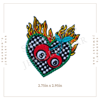 Flaming Checkered Heart Patch | Rockabilly Hot Rod Embroidered Iron-On