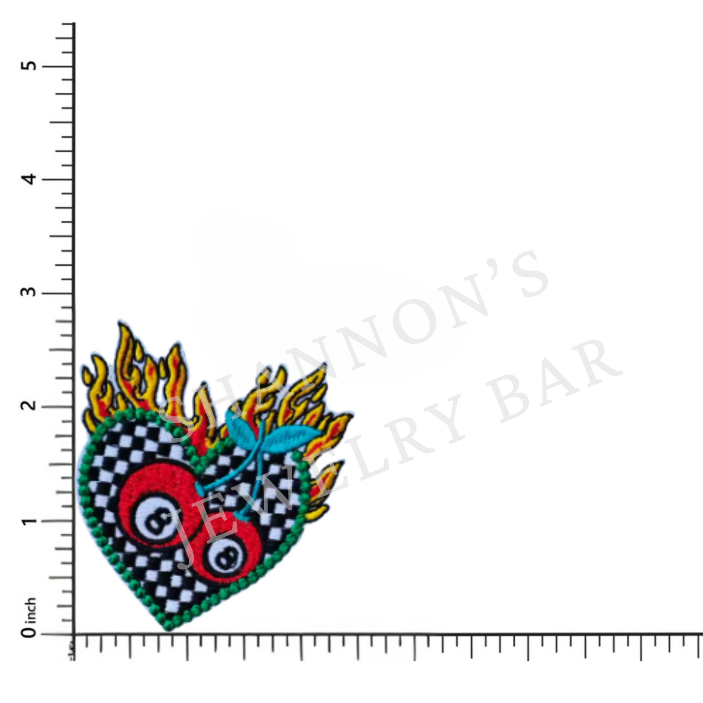 Flaming Checkered Heart Patch | Rockabilly Hot Rod Embroidered Iron-On