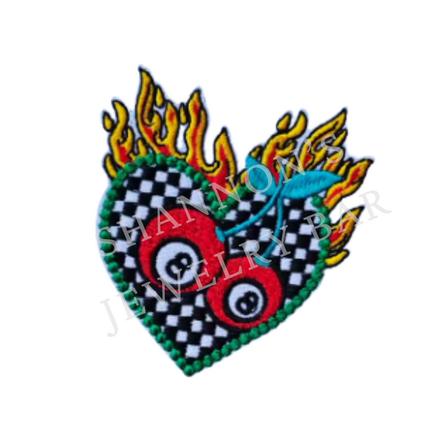 Flaming Checkered Heart Patch | Rockabilly Hot Rod Embroidered Iron-On