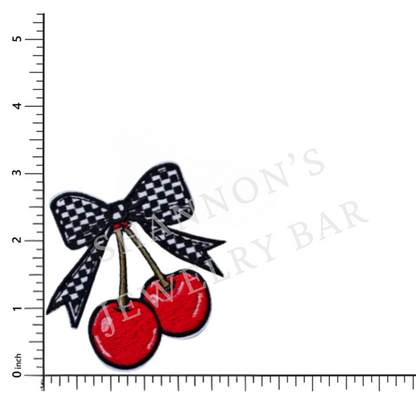 Checker Bow Cherries Embroidered Patch | Retro Rockabilly Iron-On