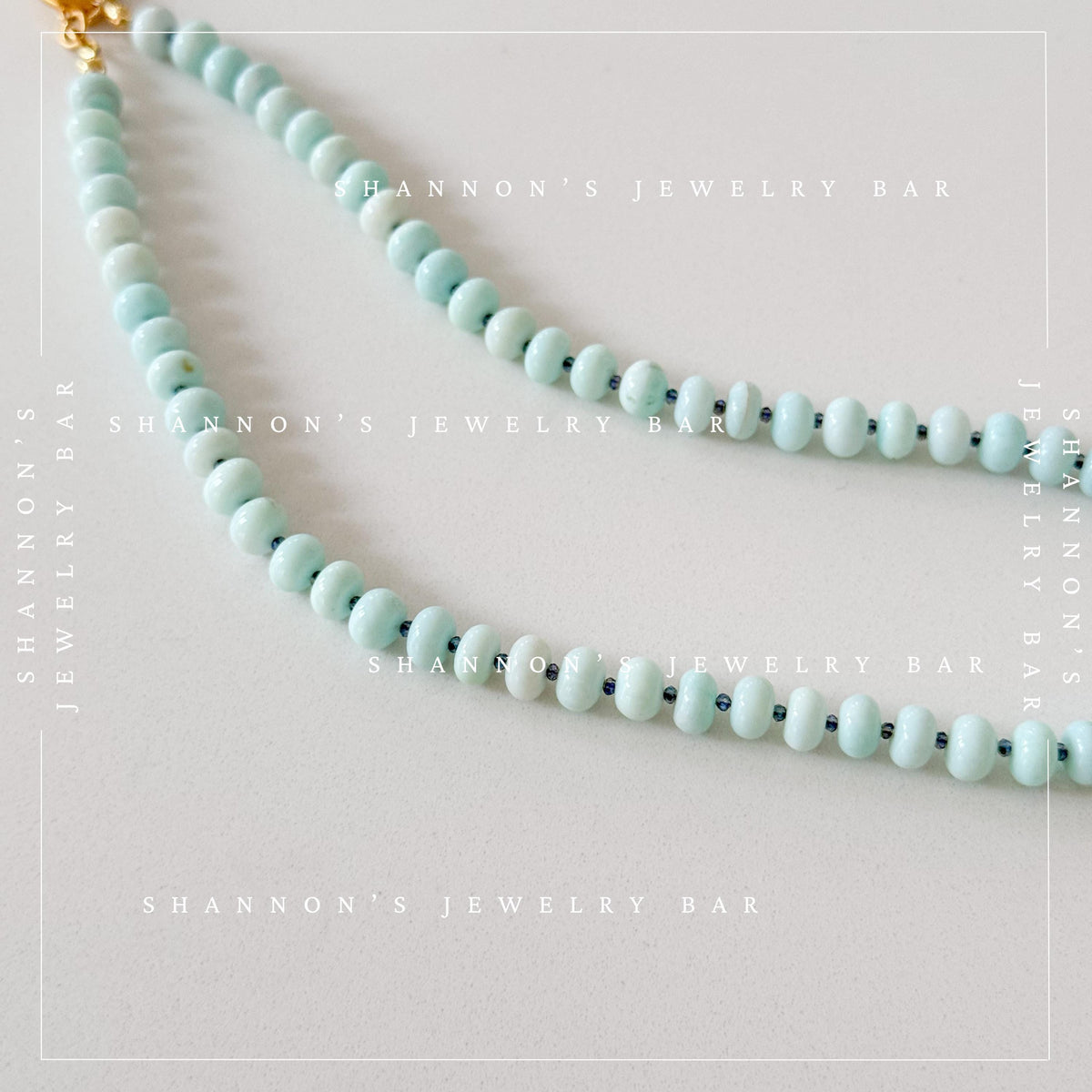 Peruvian Opal Necklace, Blue Opal Beaded Necklace, Gemstone Carabiner Charm Necklace, White Quartz Shell Pendant, Handmade Jewelry