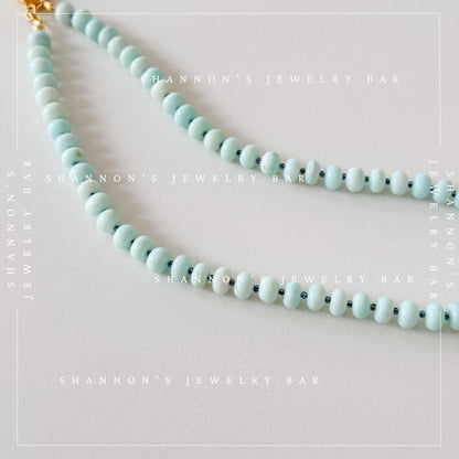 Peruvian Opal Necklace, Blue Opal Beaded Necklace, Gemstone Carabiner Charm Necklace, White Quartz Shell Pendant, Handmade Jewelry