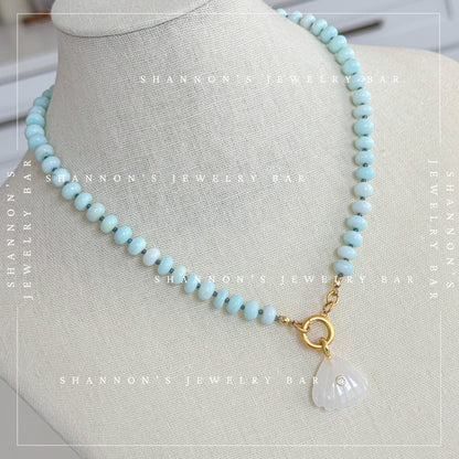 Peruvian Opal Necklace, Blue Opal Beaded Necklace, Gemstone Carabiner Charm Necklace, White Quartz Shell Pendant, Handmade Jewelry