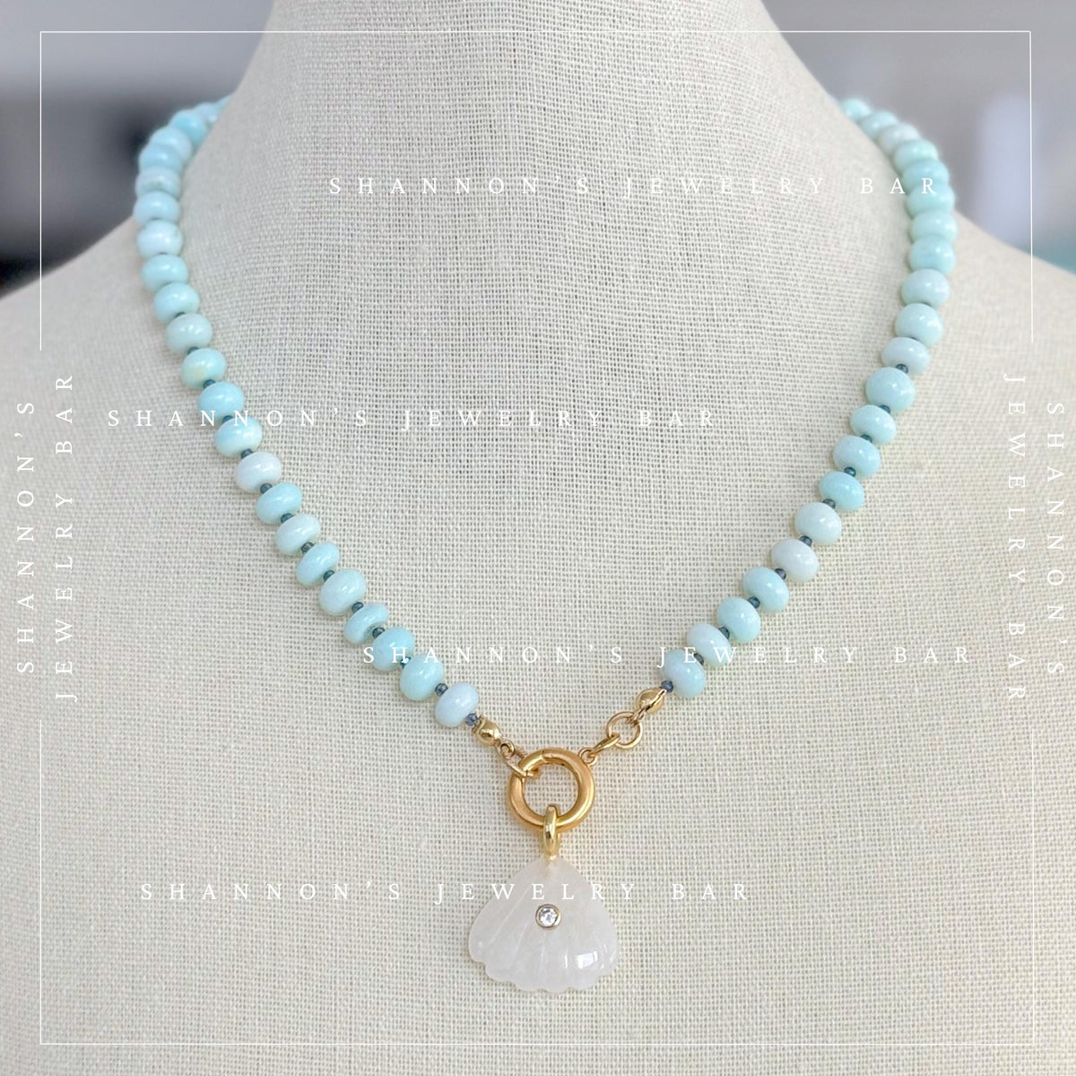 Peruvian Opal Necklace, Blue Opal Beaded Necklace, Gemstone Carabiner Charm Necklace, White Quartz Shell Pendant, Handmade Jewelry