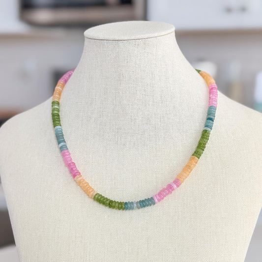 Colorful Quartz Gemstone Necklace, Multicolor Heishi Beaded Necklace, Pastel Rainbow Necklace, Handmade Gemstone Jewelry, Gift for Her
