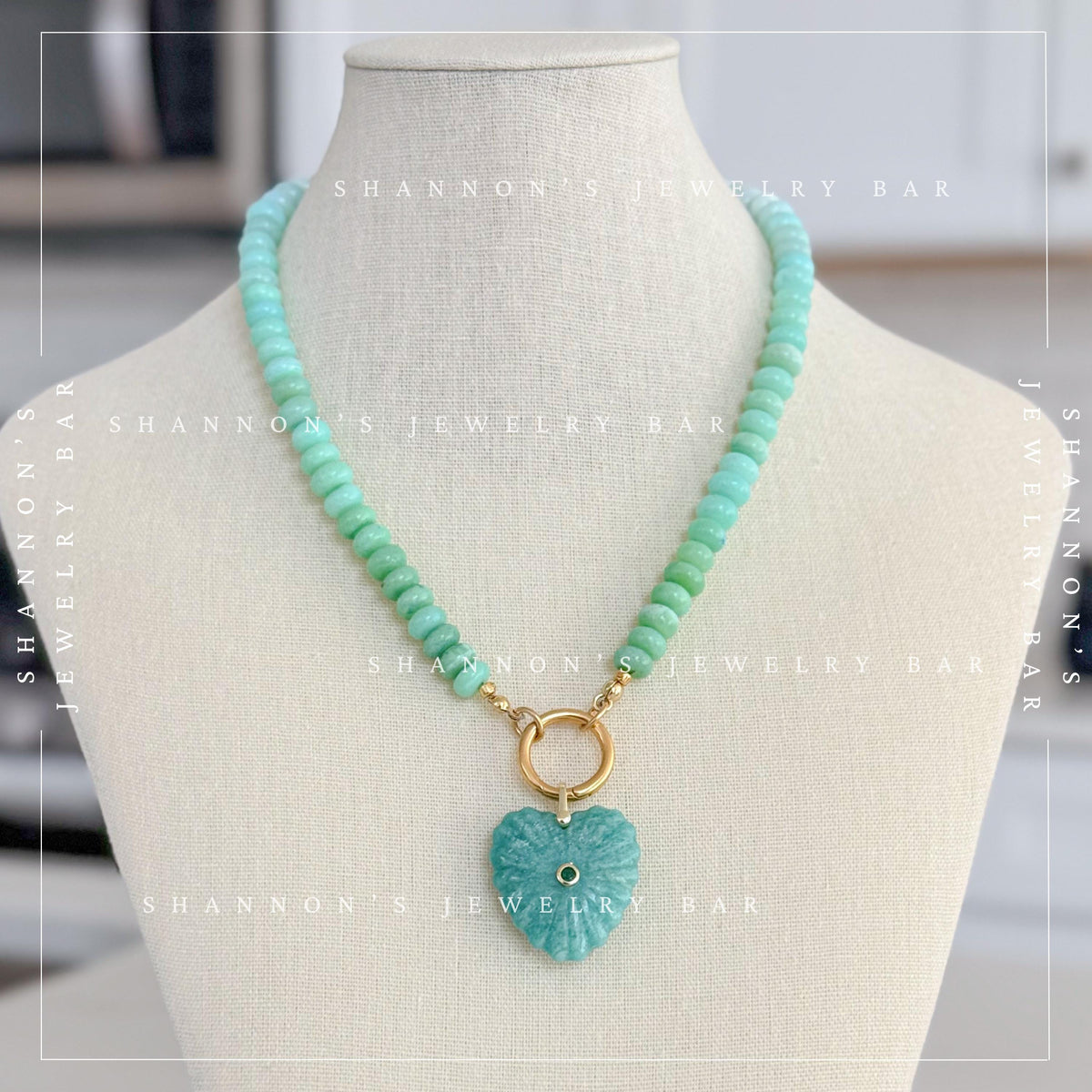 Peruvian Opal Necklace, Blue Opal Gemstone Necklace, Amazonite Heart Pendant, Gold Carabiner Necklace, Handmade Gemstone Jewelry