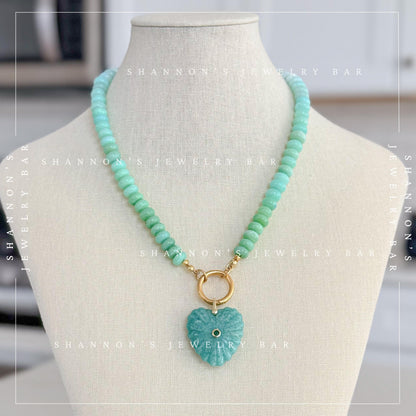 Peruvian Opal Necklace, Blue Opal Gemstone Necklace, Amazonite Heart Pendant, Gold Carabiner Necklace, Handmade Gemstone Jewelry