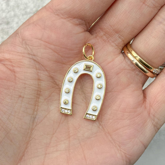 White Enamel Horseshoe Charm, Lucky Horseshoe Pendant, Gold Horseshoe Charm, Western Charm Necklace Pendant, Horse Lover Jewelry Charm