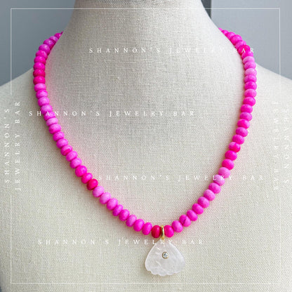 Pink Peruvian Opal Necklace, Quartz Shell Pendant Necklace, Handmade Gemstone Beaded Necklace, Coastal Jewelry, Pink Statement Necklace