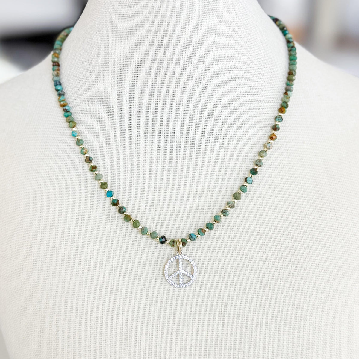 African Turquoise Necklace with CZ Peace Sign Pendant, Green Gemstone Beaded Necklace, Boho Hippie Jewelry, 18 Inch