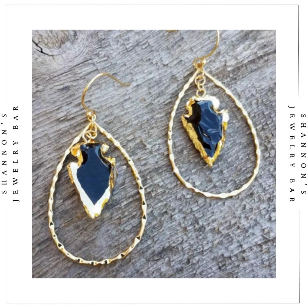 Handmade 18K Gold Plated Black Obsidian Arrowhead Hoop Earrings