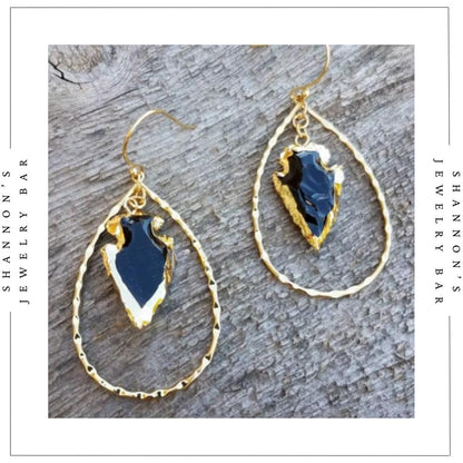 Handmade 18K Gold Plated Black Obsidian Arrowhead Hoop Earrings