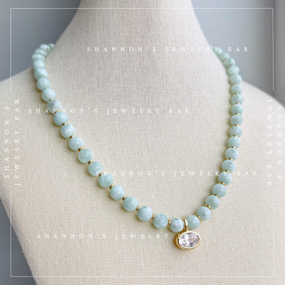 Green Moonstone Beaded Necklace, Genuine Green Moonstone Necklace, Oval CZ Pendant Necklace, Handmade Gemstone Necklace, Gold Beaded Jewelry