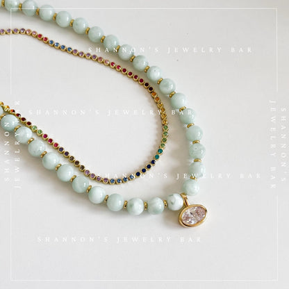 Green Moonstone Beaded Necklace, Genuine Green Moonstone Necklace, Oval CZ Pendant Necklace, Handmade Gemstone Necklace, Gold Beaded Jewelry