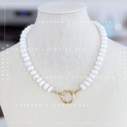 White Opal Beaded Necklace, Genuine Opal Gemstone Necklace, Gold Carabiner Charm Holder Necklace, Fish Pendant Necklace