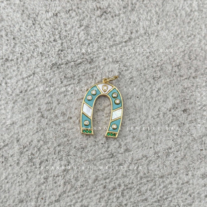 Turquoise Horseshoe Charm, Lucky Horseshoe Pendant, Western Charm Pendant, Horse Lover Jewelry, Mother of Pearl Horseshoe Charm