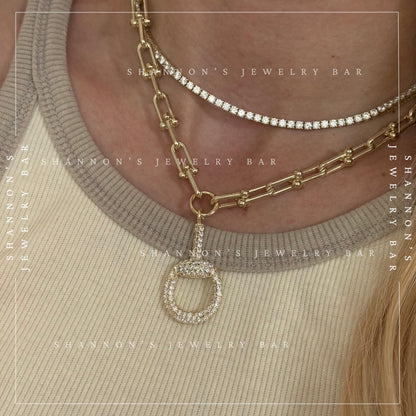 14k Gold Plated Industrial Chain Horsebit Necklace, CZ Pave Pendant Necklace, Chunky Gold Hardware Link Chain Necklace, Equestrian Jewelry,