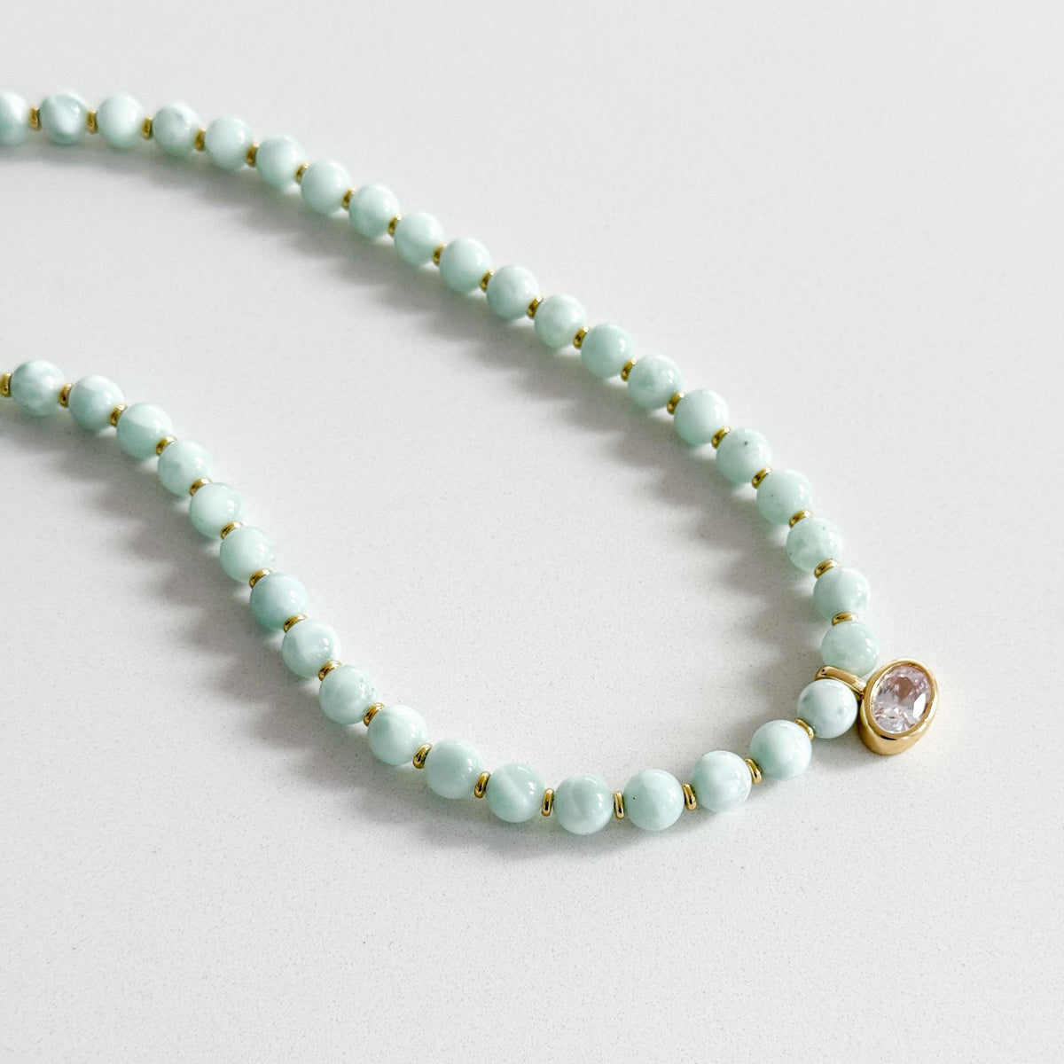 Green Moonstone Beaded Necklace, Genuine Green Moonstone Necklace, Oval CZ Pendant Necklace, Handmade Gemstone Necklace, Gold Beaded Jewelry